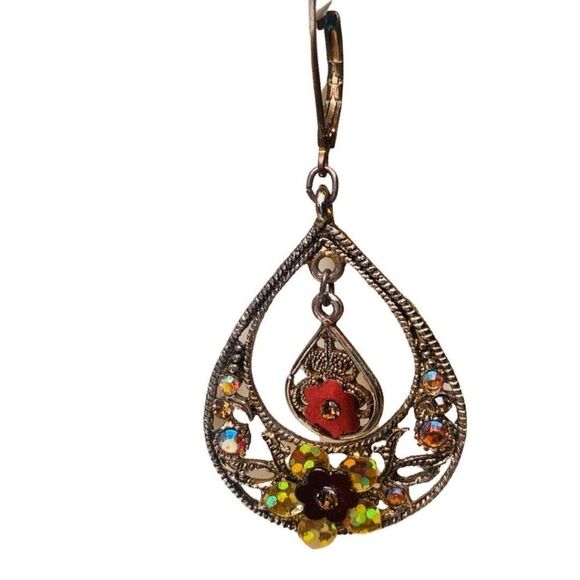 Vintage Shimmering Rhinestone Flower Silver Tone Hoop Leaverback Earrings 2” - Picture 3 of 5